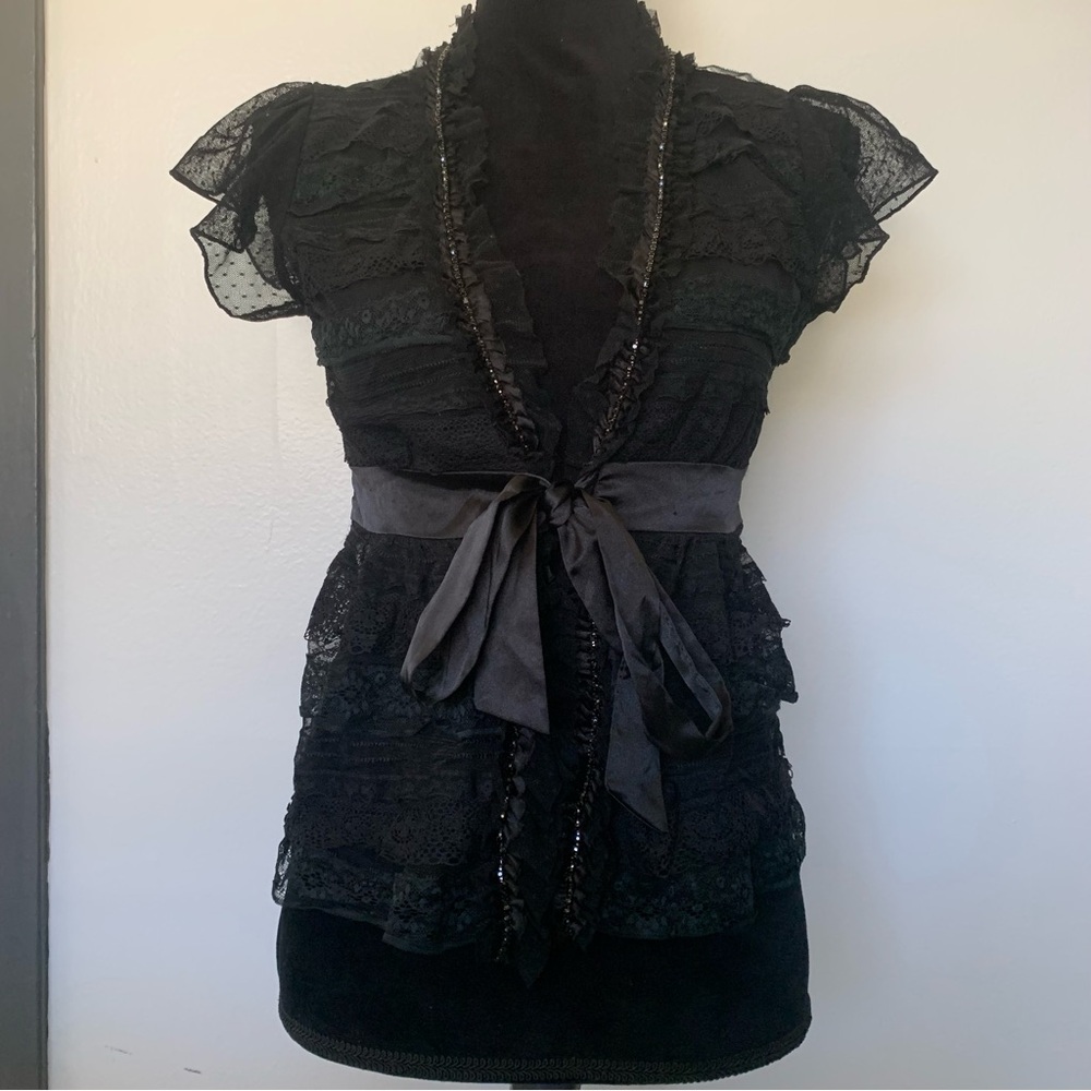 Vintage Forever 21 Black Lace Ruffle Blouse